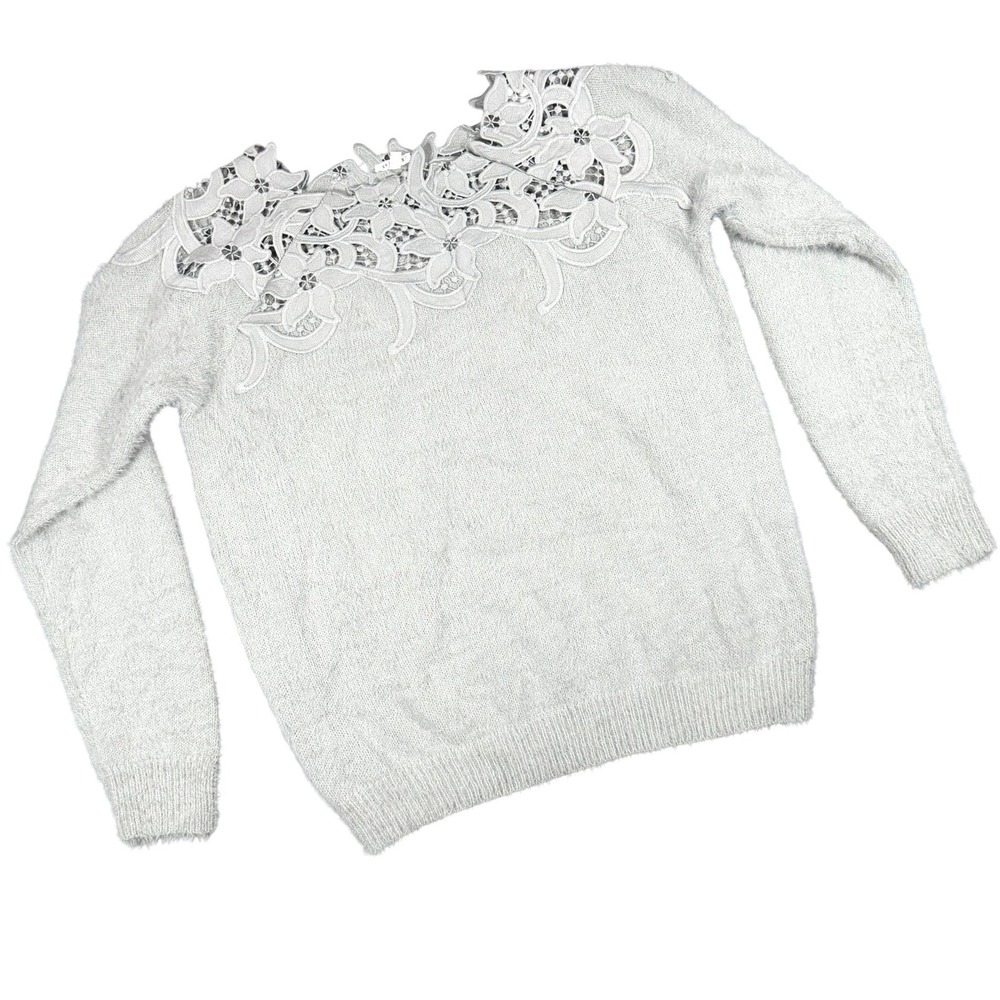 En Creme EW30853BN Womens M/L Grey Floral Lace Yoke Fuzzy Sweater Dressy Casual